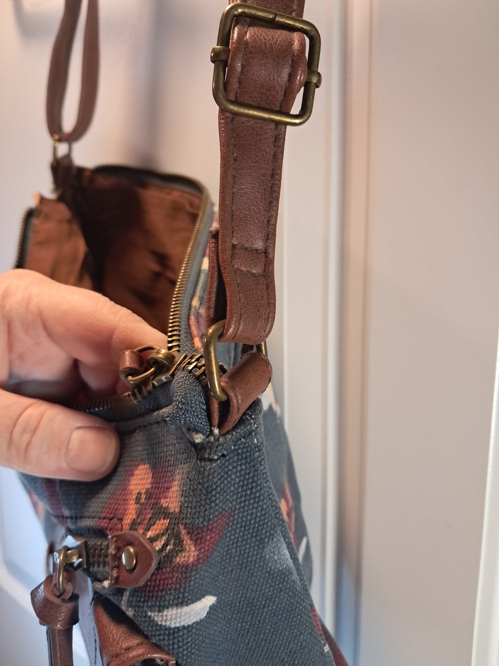 Floral Canvas Crossbody Bag with Brown Faux-Leather Flap - Picture 10 of 16